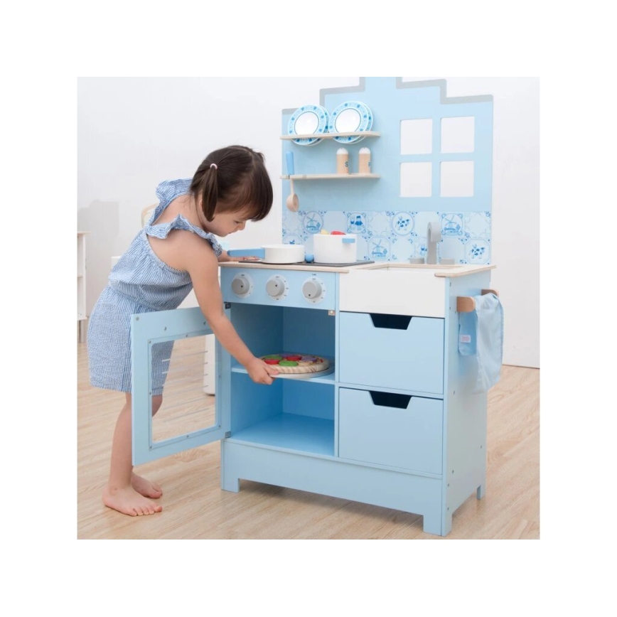 New Classic Toys - Cocina de madera con accesorios azul
