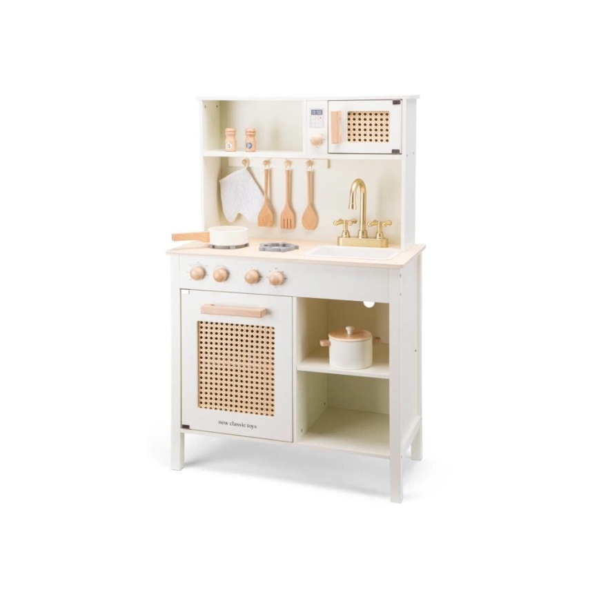 New Classic Toys - Cocina de madera con accesorios blanco/ratán