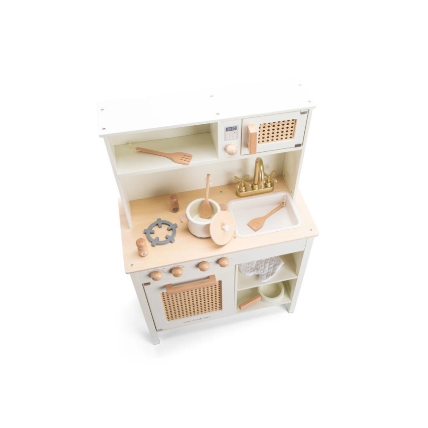 New Classic Toys - Cocina de madera con accesorios blanco/ratán