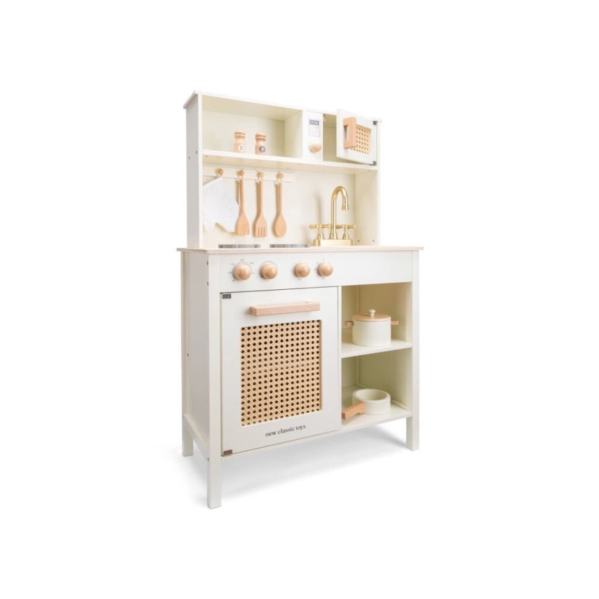 New Classic Toys - Cocina de madera con accesorios blanco/ratán