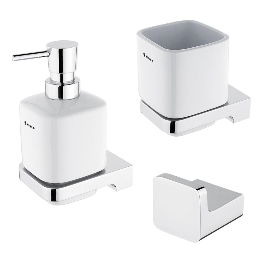 NIMCO MA set-31K-26 - Dispensador de jabón de pared, soporte para cepillos de dientes y gancho de pared MAYA 320 mm blanco/cromo brillante