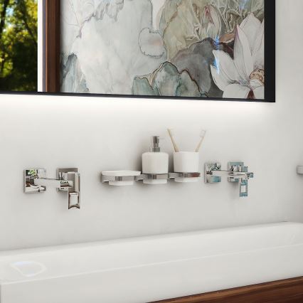NIMCO MA set-31K-26 - Dispensador de jabón de pared, soporte para cepillos de dientes y gancho de pared MAYA 320 mm blanco/cromo brillante