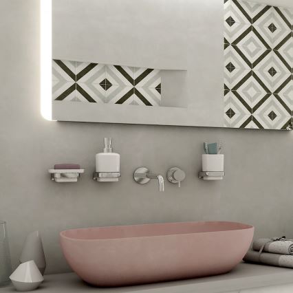 NIMCO MA set-31K-26 - Dispensador de jabón de pared, soporte para cepillos de dientes y gancho de pared MAYA 320 mm blanco/cromo brillante