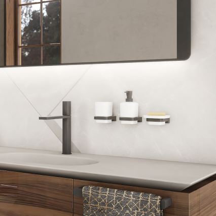 NIMCO MAC set-31K-T-90 - Dispensador de jabón de pared, soporte para cepillos de dientes y gancho de pared MAYA 320 mm blanco/mate negro