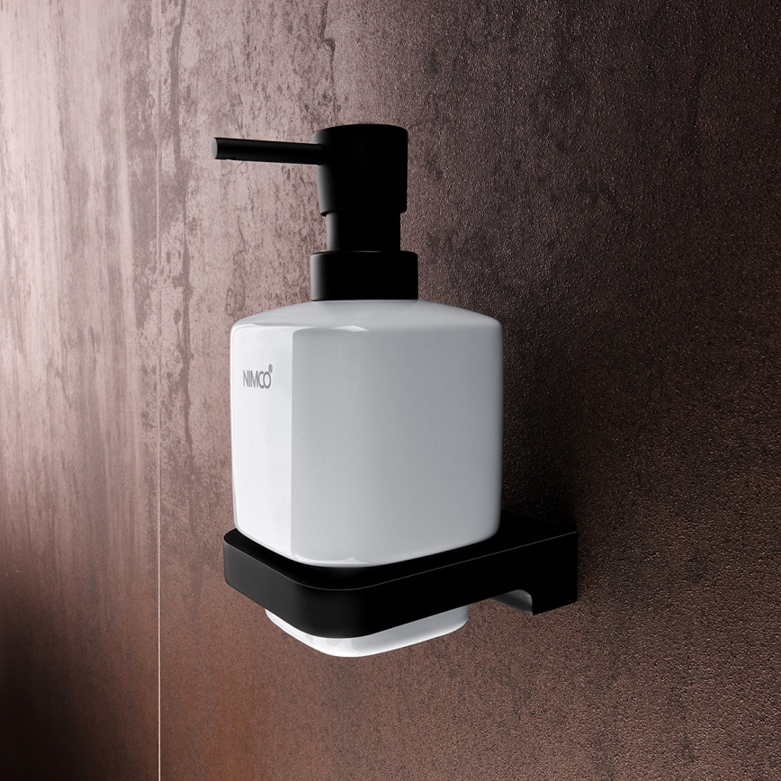 NIMCO MAC set-31K-T-90 - Dispensador de jabón de pared, soporte para cepillos de dientes y gancho de pared MAYA 320 mm blanco/mate negro