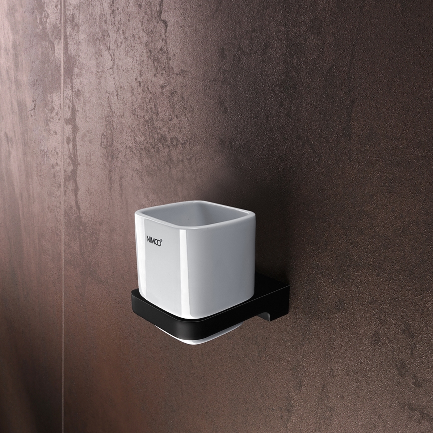 NIMCO MAC set-31K-T-90 - Dispensador de jabón de pared, soporte para cepillos de dientes y gancho de pared MAYA 320 mm blanco/mate negro