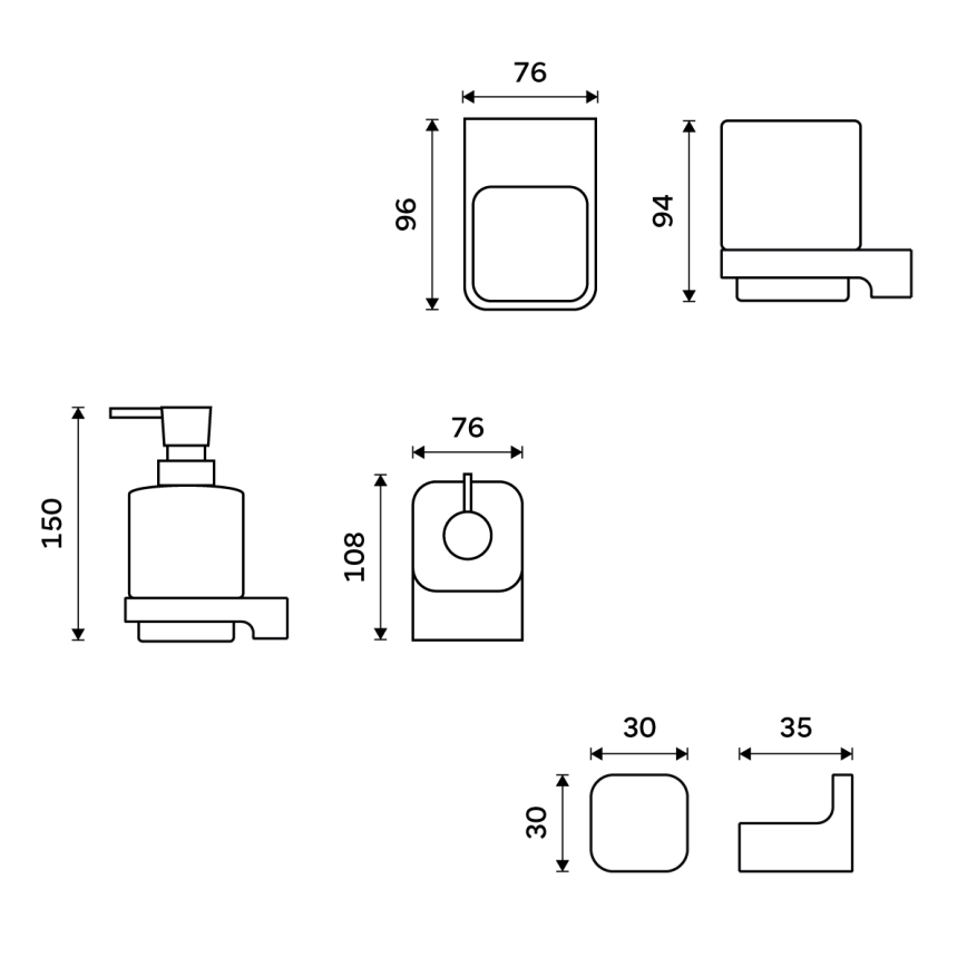 NIMCO MAC set-31K-T-90 - Dispensador de jabón de pared, soporte para cepillos de dientes y gancho de pared MAYA 320 mm blanco/mate negro