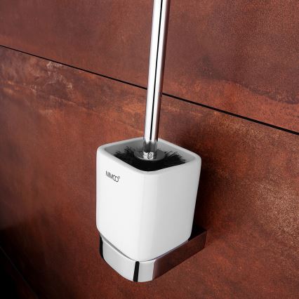NIMCO NK set-94KN-26 - Cepillo de inodoro montado en la pared y portarrollos de papel higiénico NIKAU blanco/cromo brillante