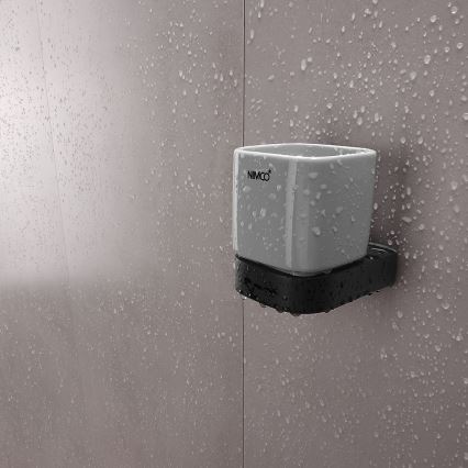 NIMCO NKC set-31K-T-90 - Dispensador de jabón de pared, soporte para cepillos de dientes y gancho de pared NIKAU 320 mm blanco/mate negro