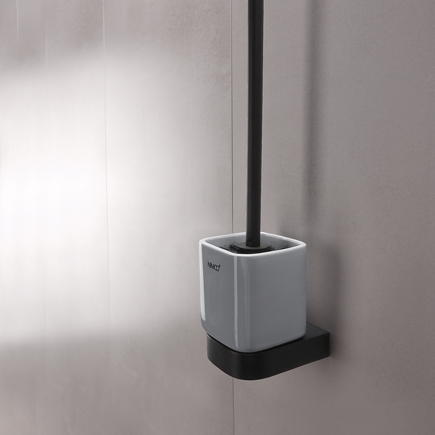 NIMCO NKC set-94KN-90 - Cepillo de inodoro montado en la pared y portarrollos de papel higiénico NIKAU blanco/negro mate