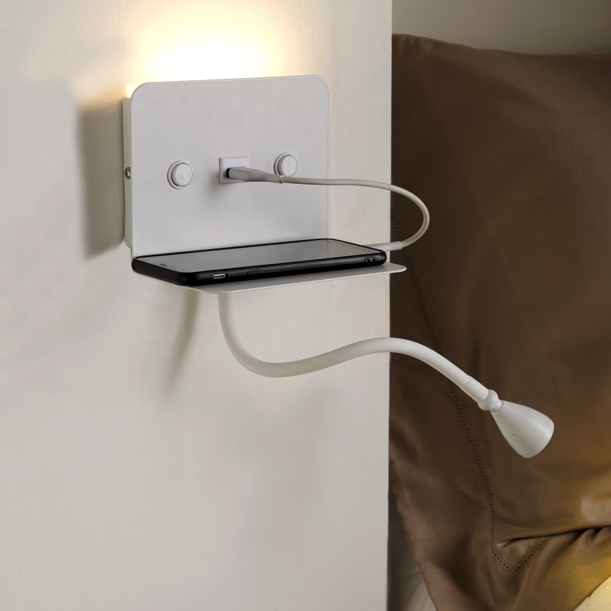 ONLI - Lámpara LED flexible pequeña con estante y carga USB PLAK LED/1W/230V blanco