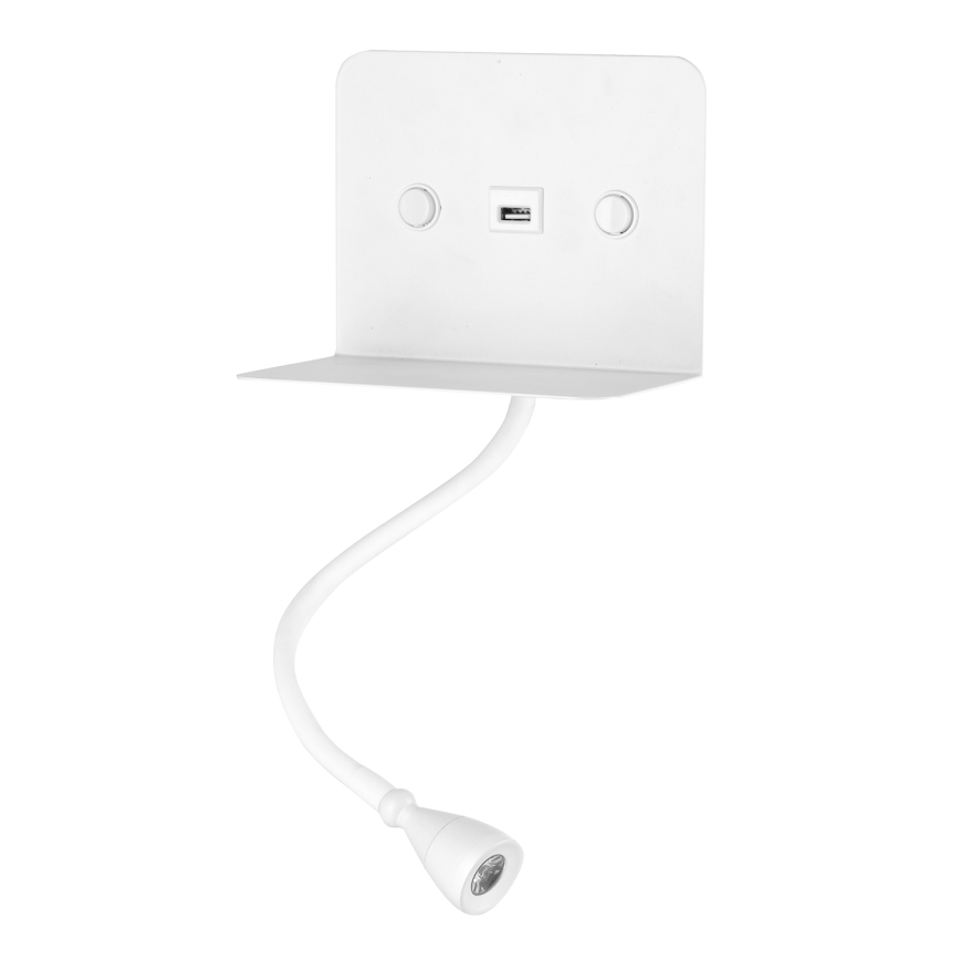 ONLI - Lámpara LED flexible pequeña con estante y carga USB PLAK LED/1W/230V blanco