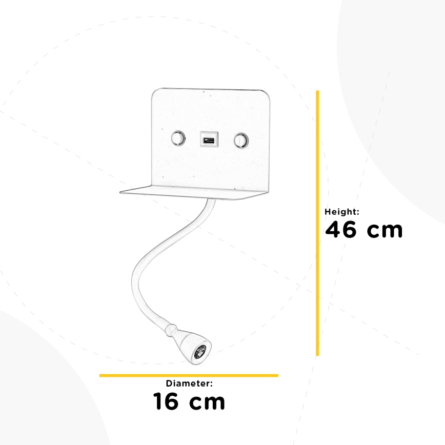 ONLI - Lámpara LED flexible pequeña con estante y carga USB PLAK LED/1W/230V blanco