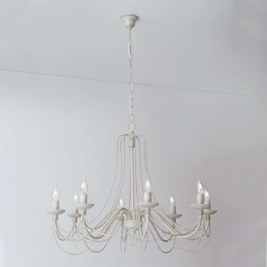 Lámpara colgante con cadena VELA 8xE14/40W/230V diá. 80 cm blanco/dorado/pátina