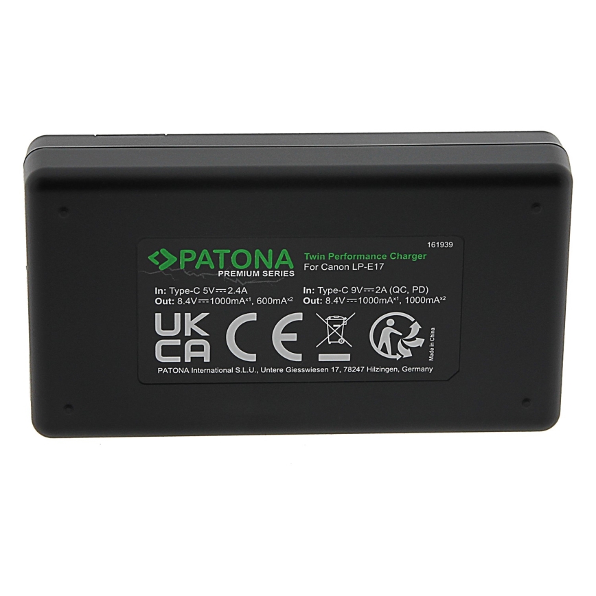 PATONA - Cargador rápido Dual Canon LP-E17 + cable USB-C 0,6m