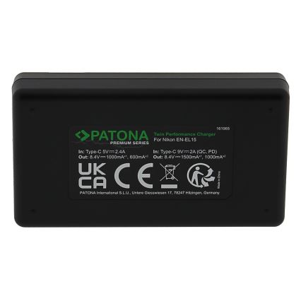 PATONA - Cargador rápido Dual Nikon EN-EL15/EN-EL15C + cable USB-C 0,6m