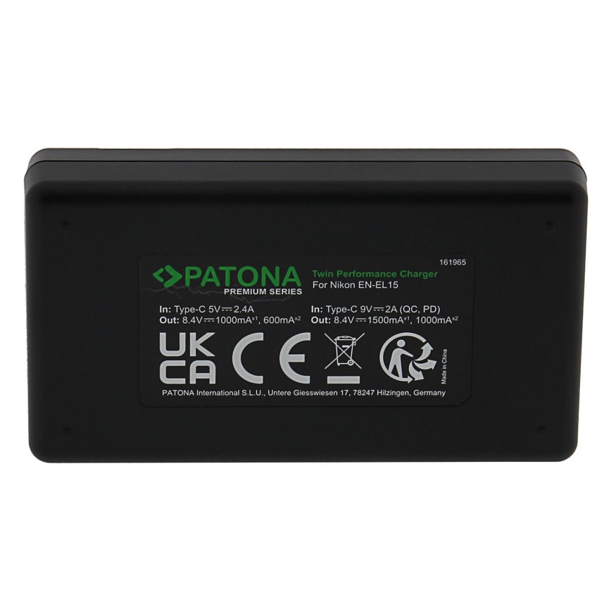 PATONA - Cargador rápido Dual Nikon EN-EL15/EN-EL15C + cable USB-C 0,6m