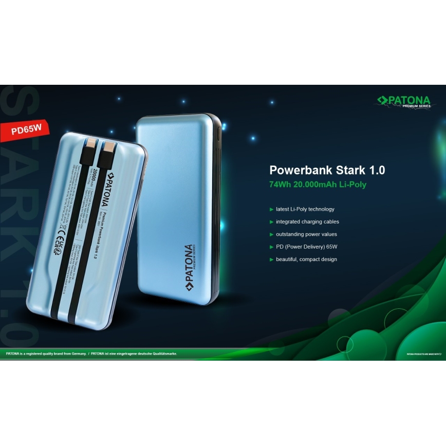 PATONA - Power Bank 20000mAh PD65W Li-Pol 3A USB-C/Lightning