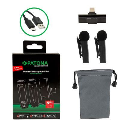 PATONA - SET 2x Micrófono inalámbrico con clip para smartphones USB-C 5V