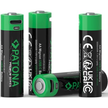PATONA - SET 4x Batería AA/LR6 Li-Pol 2000mAh 1,5Vs con carga USB-C