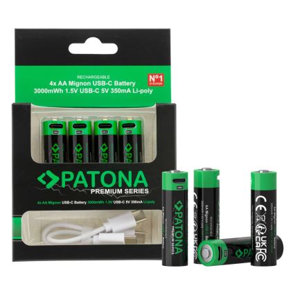 PATONA - SET 4x Batería AA/LR6 Li-Pol 2000mAh 1,5Vs con carga USB-C