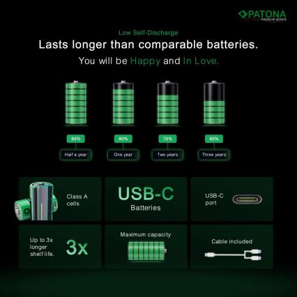 PATONA - SET 4x Batería AA/LR6 Li-Pol 2000mAh 1,5Vs con carga USB-C