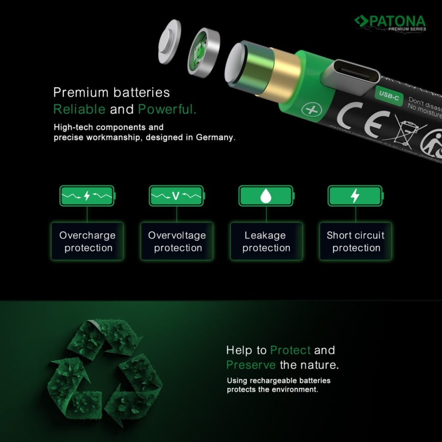 PATONA - SET 4x Batería AA/LR6 Li-Pol 2000mAh 1,5Vs con carga USB-C