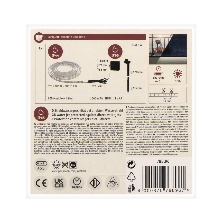 Paulmann 78896 - LED/0,3W IP44 Tira solar 3m 1,2V 1000 mAh