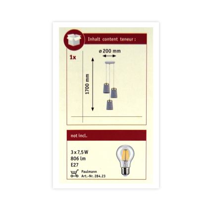 Paulmann 79627 - Lámpara colgante NORELL 3xE27/20W/230V