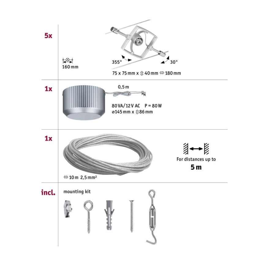 Paulmann 94133 - SET 5xGU5,3/10W Foco para sistema de cable MAC 230V cromo mate
