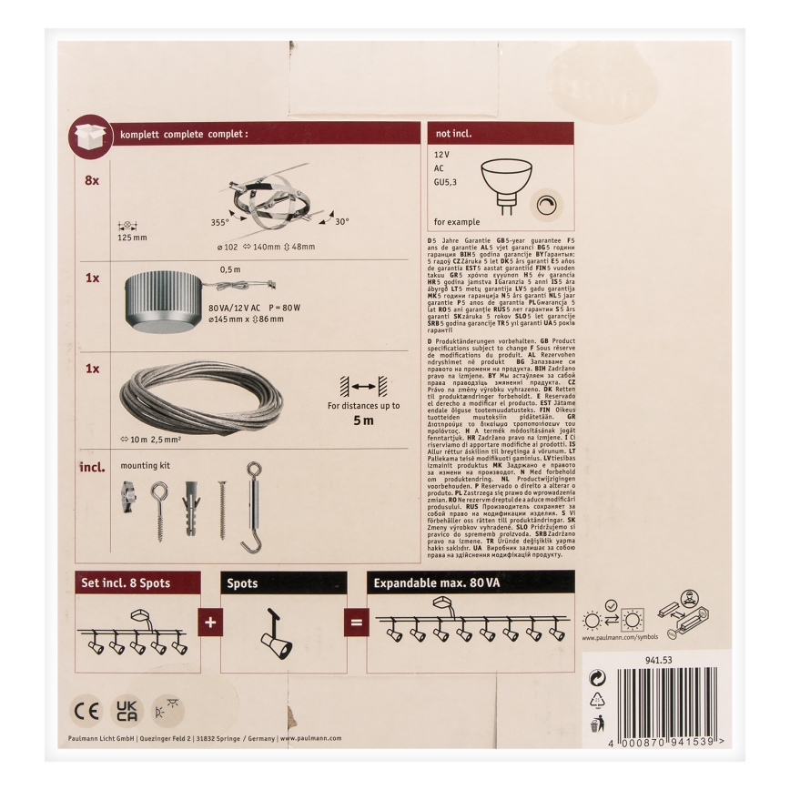 Paulmann 94153 - JUEGO 8xGU5,3/10W Foco para sistema de cadenas CARDAN 230V