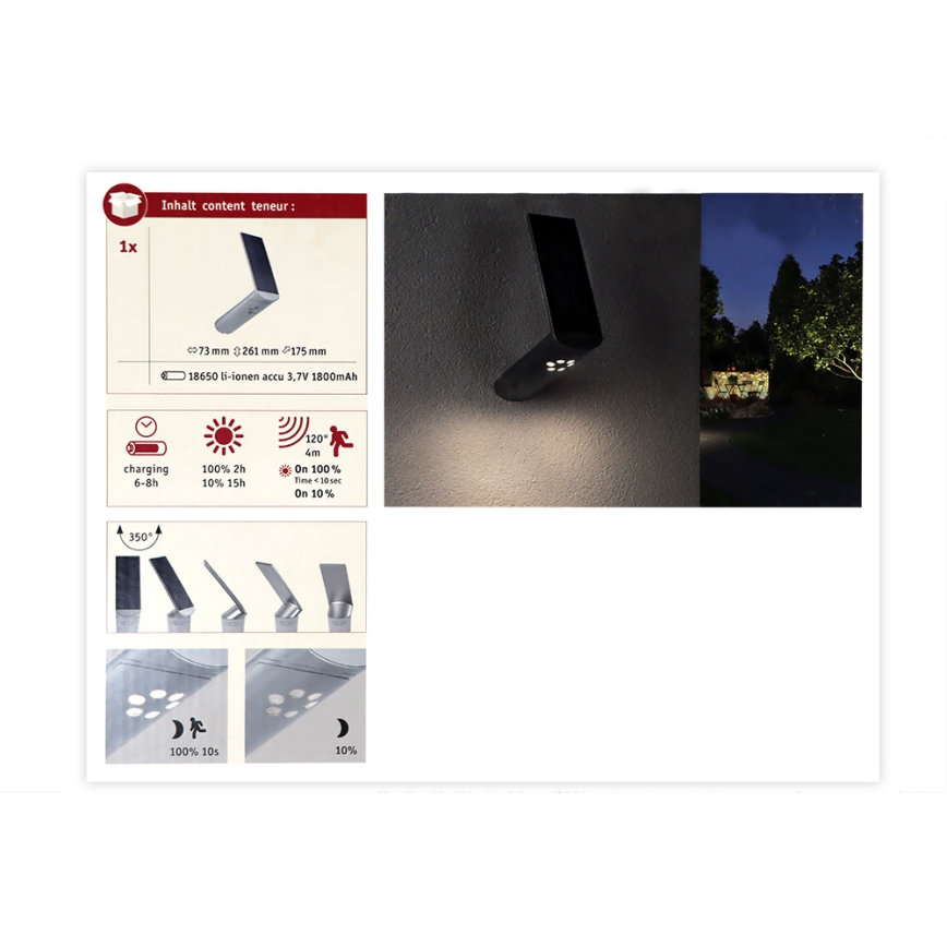 Paulmann 94261 - LED/1,2W IP44 Aplique solar con sensor ILIAS 3,7V