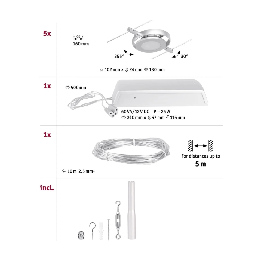 Paulmann 94414 - SET 5xLED/4,5W Foco para sistema de cable ROUNDMAC 230V cromo brillante