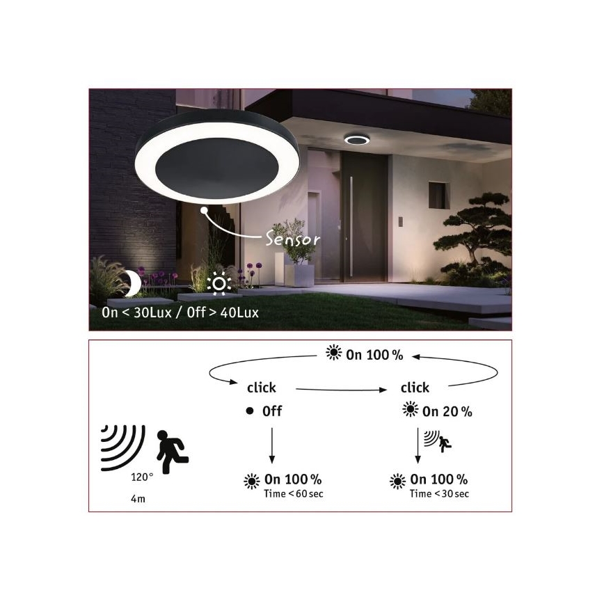 Paulmann 94526 - LED/14W IP44 Plafón de exterior con sensor CIRCULA 230V