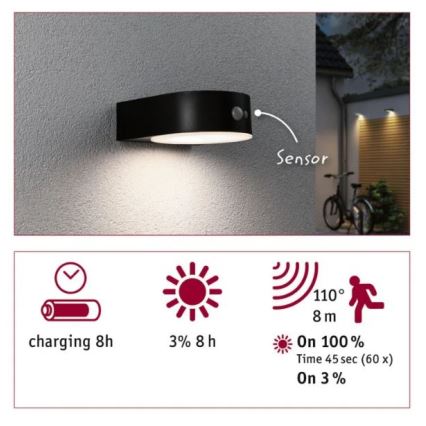 Paulmann 94570 - LED/5,5W IP44 Aplique solar con sensor EILEEN 3,7V 2000 mAh