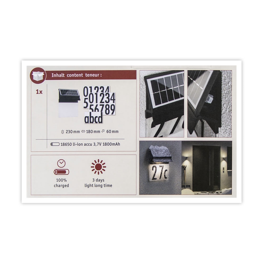Paulmann 94694 - LED/0,2W IP44 Número de casa solar NEDA 3,7V 1800 mAh