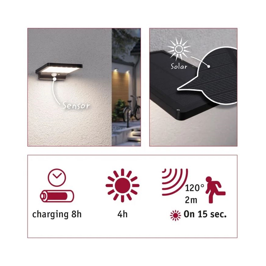 Paulmann 95393 - LED/4W IP44 Aplique solar regulable con sensor SOLVEIG 3,7V 2000 mAh