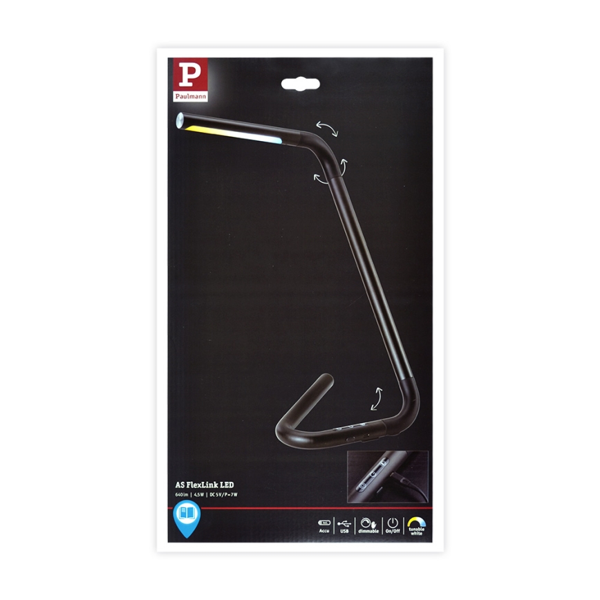 Paulmann 95424- Lámpara de mesa táctil regulable LED/4,5W FLEXLINK 5V/USB 4400 mAh negro