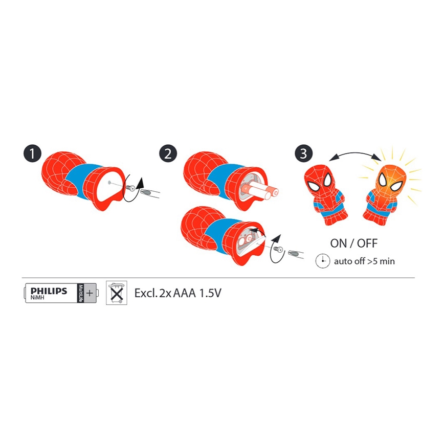 Philips 71768/40/16 - Lámpara LED infantil DISNEY SPIDER-MAN 2xLED/0,2W/2xAAA