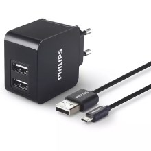 Philips DLP2307U/12 - Adaptador de carga 2xUSB/15,5W/230V + cable micro USB 1m