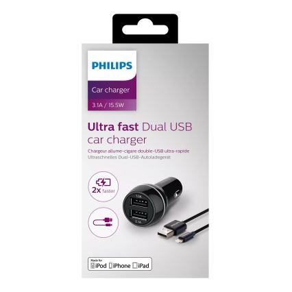 Philips DLP2357V/10 -Cargador de coche 2xUSB/12V + cable USB/conector Lightning