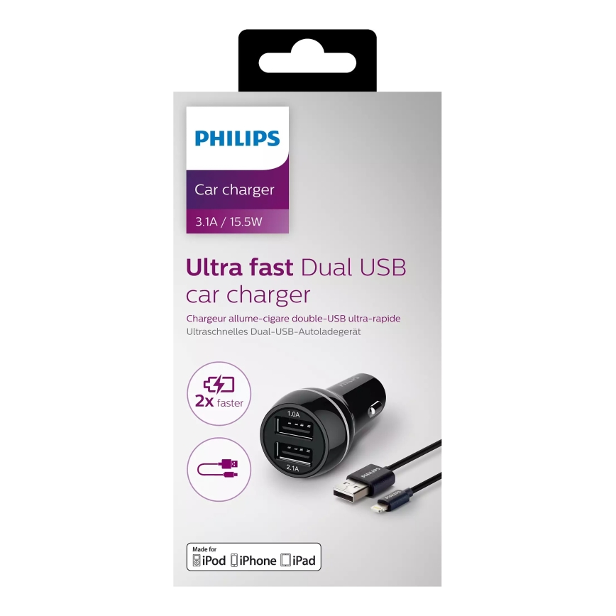 Philips DLP2357V/10 -Cargador de coche 2xUSB/12V + cable USB/conector Lightning