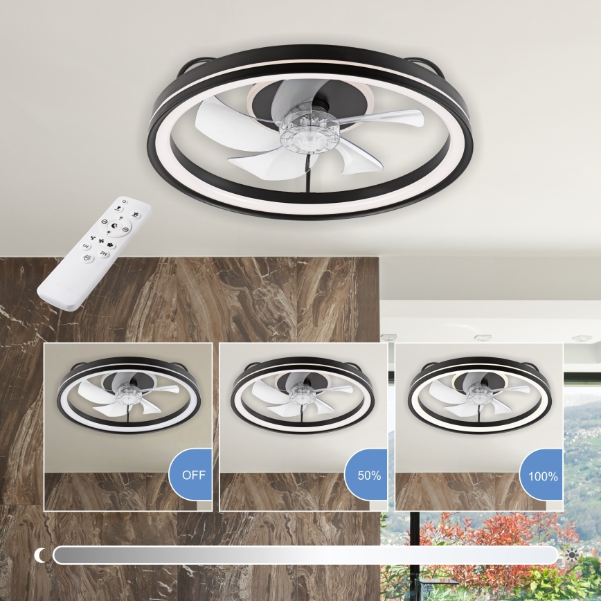 LED Plafón regulable con ventilador FARGO LED/37W/230V negro + control remoto