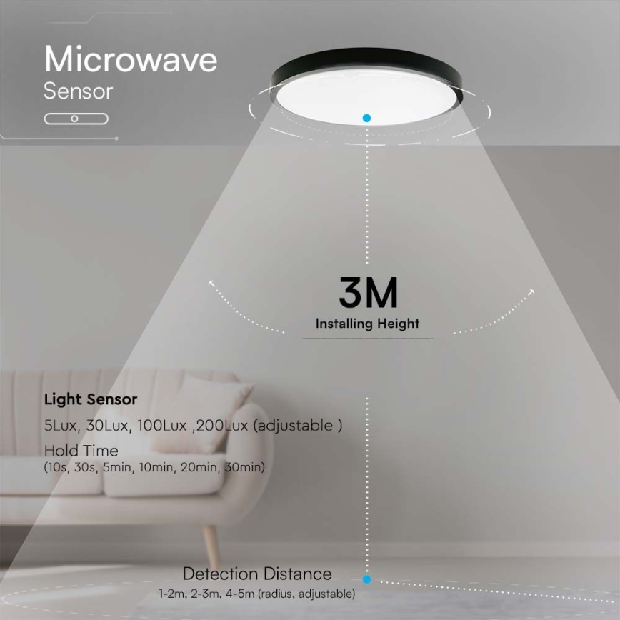 Plafón LED de baño con sensor LED/18W/230V 4000K IP44 diá. 29,5 cm negro + control remoto