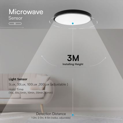 Plafón LED de baño con sensor SAMSUNG CHIP LED/18W/230V IP44 4000K diá. 29 cm negro + control remoto