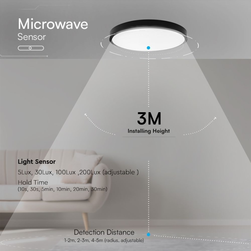 Plafón LED de baño con sensor SAMSUNG CHIP LED/18W/230V IP44 4000K diá. 29 cm negro + control remoto