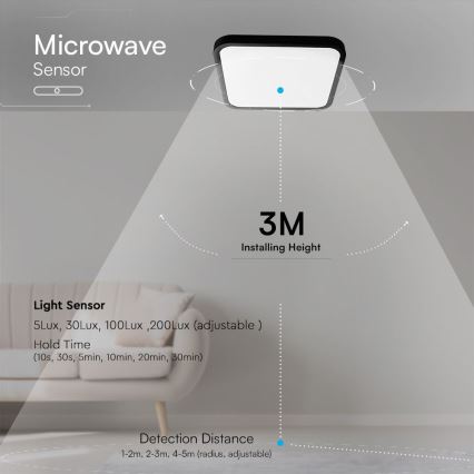 Plafón LED de baño con sensor SAMSUNG CHIP LED/36W/230V IP44 4000K 42x42 cm negro + control remoto