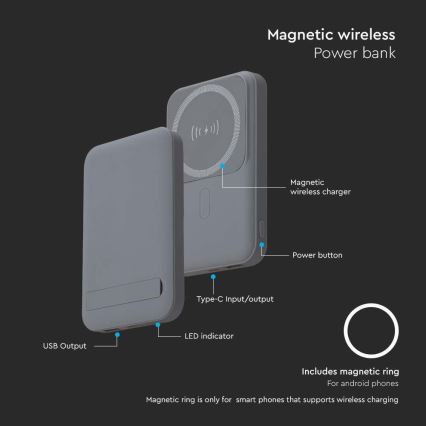 Power Bank magnético con carga inalámbrica Power Delivery 10 000mAh/20W/3,7V gris