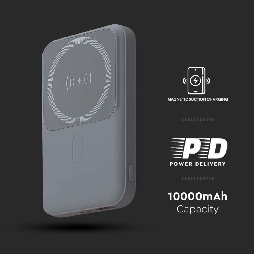 Power Bank magnético con carga inalámbrica Power Delivery 10 000mAh/20W/3,7V gris