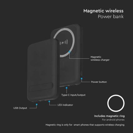 Power Bank magnético con carga inalámbrica Power Delivery 10 000mAh/20W/3,7V negro